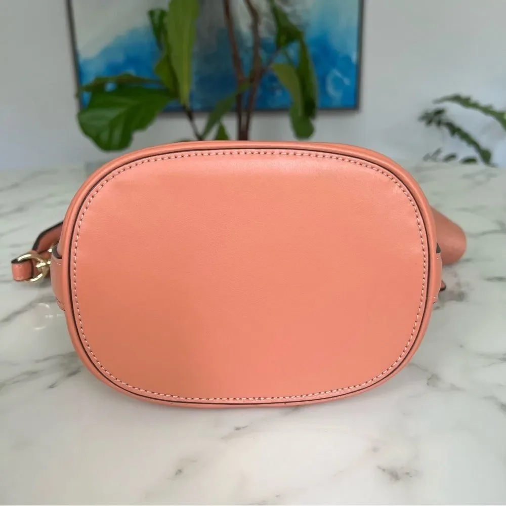 COACH Woven Straw Bucket Bag Crossbody F72707 Natural Light Coral Leather Gold